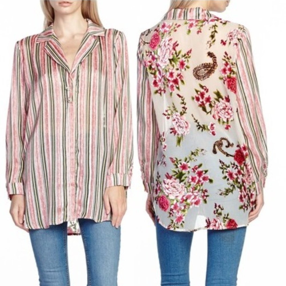 Aratta Era Resort Striped Blouse • Reg $159 • Embroidered • Sheer Back • Velvet